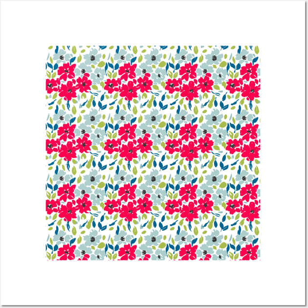 Ditsy Red and Blue Floral Pattern Wall Art by LThomasDesigns